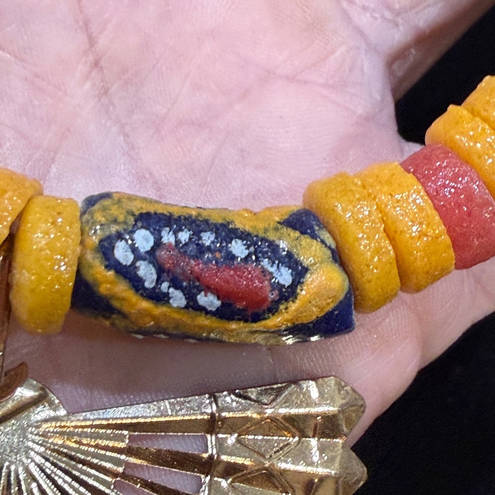 Multicolor African Trade Bead Stretch Bracelet with Gold Tone Fan Charm - Picture 5 of 10